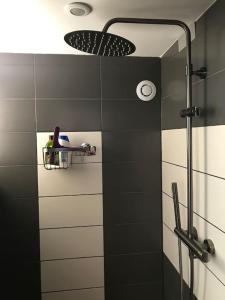 een badkamer met een douche met zwarte en witte tegels bij Studio 1 à 4 pers, proche Strasbourg, Europa-Park, Colmar in Erstein