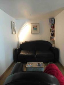 een woonkamer met een zwarte bank en een tafel bij Studio 1 à 4 pers, proche Strasbourg, Europa-Park, Colmar in Erstein