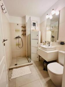 La salle de bains est pourvue d'une douche, de toilettes et d'un lavabo. dans l'établissement Modern & Cozy 2 rooms apartment, à Bucarest
