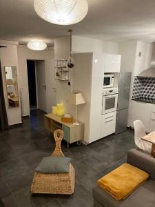 ein Wohnzimmer mit einem Sofa und einer Küche in der Unterkunft Charmant appartement quartier école d’agronomie in Montpellier
