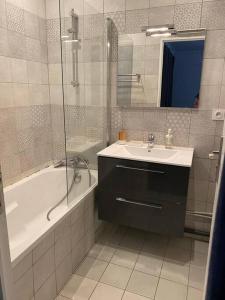 La salle de bains est pourvue d'une baignoire, d'un lavabo et d'une douche. dans l'établissement Charmant appartement quartier école d’agronomie, à Montpellier