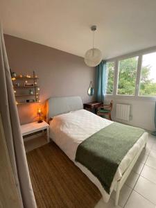 - une chambre avec un lit, une table et une fenêtre dans l'établissement Charmant appartement quartier école d’agronomie, à Montpellier