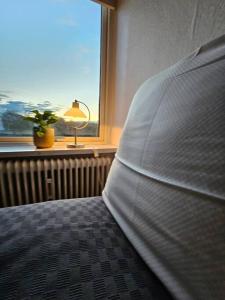 - une chambre avec un lit et une fenêtre avec une plante dans l'établissement Lejlighed med altan og gratis parkering, à Aalborg