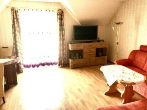 sala de estar con sofá y TV en Room in Apartment - Haus Im Grunen House in the green, en Neuzelle