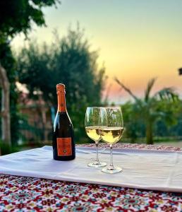 a bottle of wine and two glasses on a table at Appartamento Vacanza Villetta Fichera in Gioiosa Marea