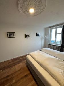 1 dormitorio con 2 camas y ventana en Lakeside Apartments Rorschach - easy self check-in en Rorschach