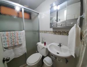 y baño con aseo, lavabo y ducha. en Elegant 3 bed apartment in Santiago DR, en Santiago de los Caballeros