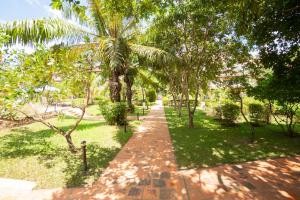 un chemin à travers un parc planté de palmiers dans l'établissement Les Jardins Du Bassac, à Phnom Penh