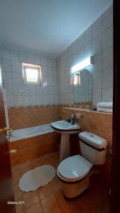 a bathroom with a toilet and a sink and a mirror at Apartament Roland in Poiana Brasov