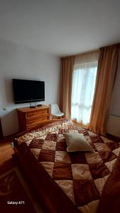 a bedroom with a large bed and a television at Apartament Roland in Poiana Brasov