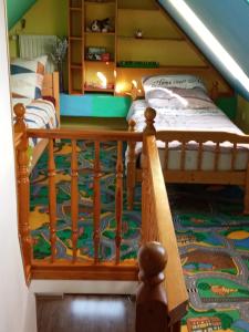 a childs bedroom with a bunk bed and a rug at Apartament u Oli in Karpacz