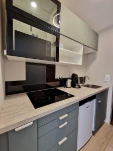 a kitchen with a stove and a microwave at Studio moderne en bord de mer in Cabourg
