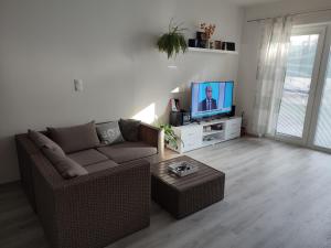 uma sala de estar com um sofá e uma televisão de ecrã plano em APARTMÁN ČAMBOR - na skok do prírody a mesta em Stupava