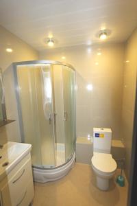 a bathroom with a glass shower and a toilet at Hotel Dali in Balashikha