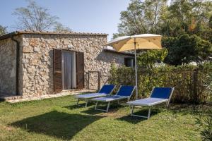 皮蒂利亞諾的住宿－Sasso Bianco，院子里放着几把椅子和一把雨伞