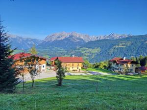 una casa en un campo con montañas en el fondo en Almliesl BHOF-676, en Bischofshofen