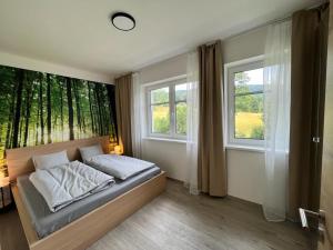 a bedroom with a bed and two windows at Apartmán SIX v Resortu pod Špičákem in Smržovka