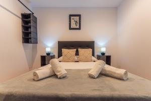 1 dormitorio con 1 cama grande y 2 almohadas en Apartamentos Turísticos Jardín del Albarregas en Merida
