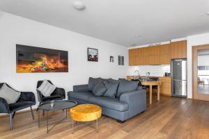 een woonkamer met een bank en stoelen en een keuken bij Baldursbrá Apartment Laugavegur in Reykjavík +14 foto's