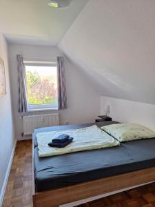 una camera con un letto in una stanza con una finestra di Ferienwohnung Abendsonne, Winsen a Winsen