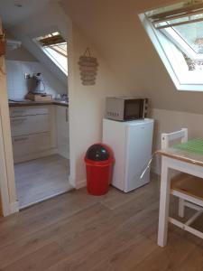 a kitchen with a small refrigerator and a microwave at Les nids de la Baie in Favières