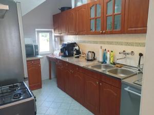 a kitchen with wooden cabinets and a sink at Tölgyeserdő Birtok Kaba Szállás és rendezvény in Kaba
