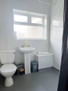 La salle de bains est pourvue de toilettes, d'un lavabo et d'une fenêtre. dans l'établissement Millfield House by Blue Skies Stays, à Middlesbrough