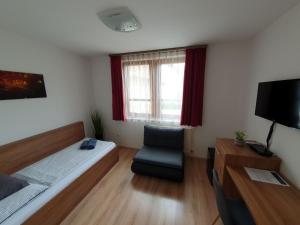 1 dormitorio con 1 cama, 1 silla y TV en Citylife Rooms en Mosonmagyaróvár