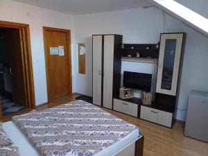 1 dormitorio con 1 cama, chimenea y TV en Casa Spatar, en Sibiu