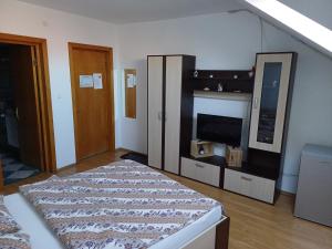 a bedroom with a bed and a fireplace and a tv at Casa Spatar in Sibiu