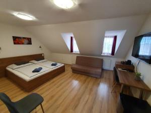 Dormitorio con cama, escritorio y TV en Citylife Rooms, en Mosonmagyaróvár