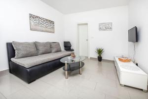 sala de estar con sofá negro y mesa en Apartments Maja, en Ražanj