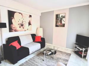 ein Wohnzimmer mit einem Sofa und einem TV in der Unterkunft Palais Lumière in Cannes