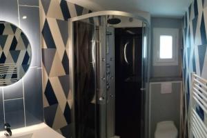 uma casa de banho com um chuveiro e um espelho. em joli appartement classé 4 étoiles em Saint-Georges-dʼOléron