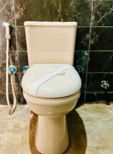a white toilet with a bow on it in a bathroom at Horus Mini Resort in Cairo