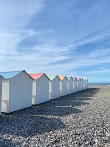 rząd domków plażowych na kamienistej plaży w obiekcie L'Air du Sud - appartement chaleureux Le Tréport w mieście Le Tréport
