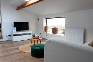 salon z kanapą i telewizorem w obiekcie L'Air du Sud - appartement chaleureux Le Tréport w mieście Le Tréport