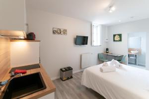 a bedroom with a bed and a desk with a tv at Malicorn' Appart-Hôtel in Malicorne-sur-Sarthe