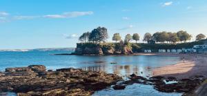 a beach with rocks in the water and trees at Number Nine Torquay in Torquay