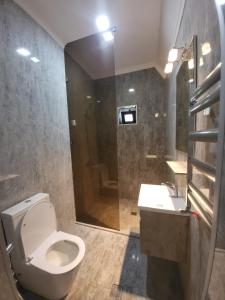 a bathroom with a toilet and a sink and a shower at Allseasons Hotel Gabala in Gabala