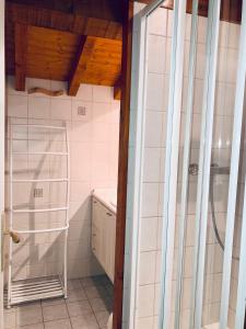 a shower with a glass door in a bathroom at Chalet en Haute Savoie Location ski 2 appartements pour 6 ou 8 personnes Saint Gervais Les Bains in Saint-Gervais-les-Bains