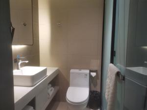 La salle de bains est pourvue de toilettes blanches et d'un lavabo. dans l'établissement Thank Inn Plus Tibet Lhasa East Dangre Road, à Lhasa