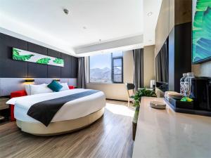ラサ市にあるThank Inn Plus Tibet Lhasa East Dangre Roadのベッドルーム(大型ベッド1台付)、リビングルームが備わります。