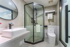 a bathroom with a sink and a toilet and a mirror at Thank Inn Plus Korla Saybag Market in Korla