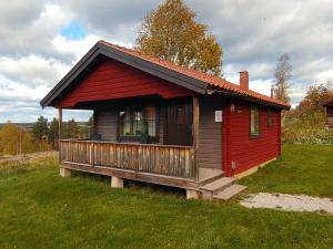 een klein rood huis in een grasveld bij Fyrklöverns Stugby in Rättvik