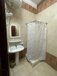 a bathroom with a shower curtain and a sink at Nice Suites & Hotels in Makkah