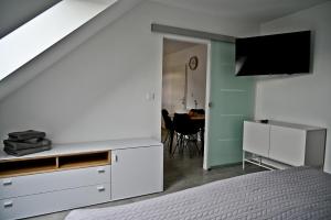 sypialnia z łóżkiem, telewizorem i stołem w obiekcie Apartment Lilly w mieście Slivnica pri Mariboru