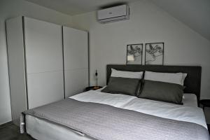 1 dormitorio con 1 cama grande y paredes blancas en Apartment Lilly, en Slivnica pri Mariboru