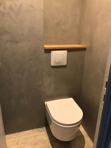 a bathroom with a white toilet and a shelf at Le christiana hyper centre valberg in Péone