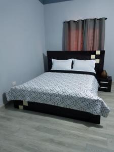 a bedroom with a bed with a black and white comforter at Apartments for short stay in Ashalebotwe